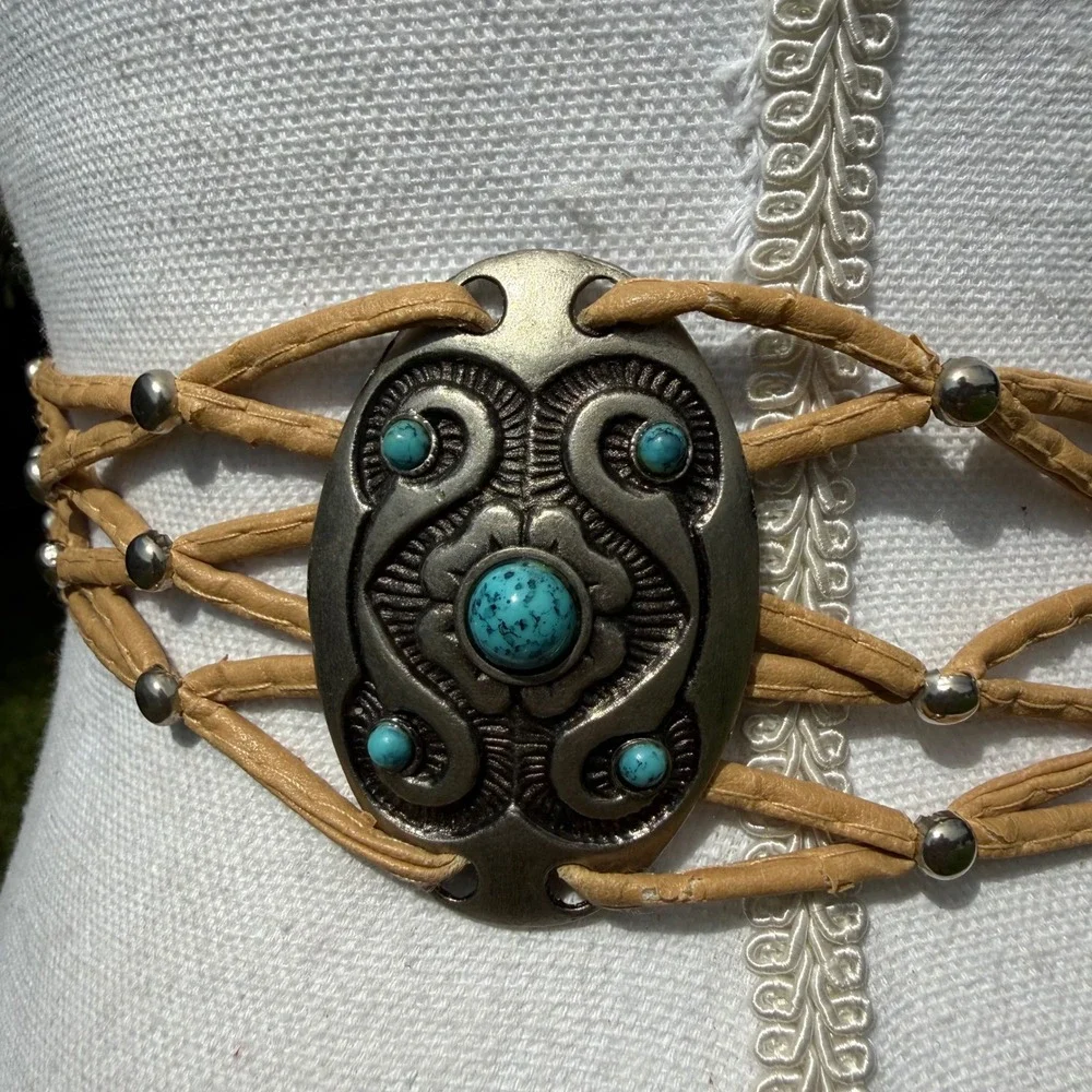 Western Boho Tan Faux Leather Tie Belt Turquoise Silver Concho Medallions Fringe
